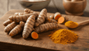 Fresh turmeric roots and golden turmeric powder on a wooden surface