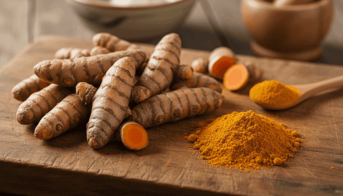 Fresh turmeric roots and golden turmeric powder on a wooden surface